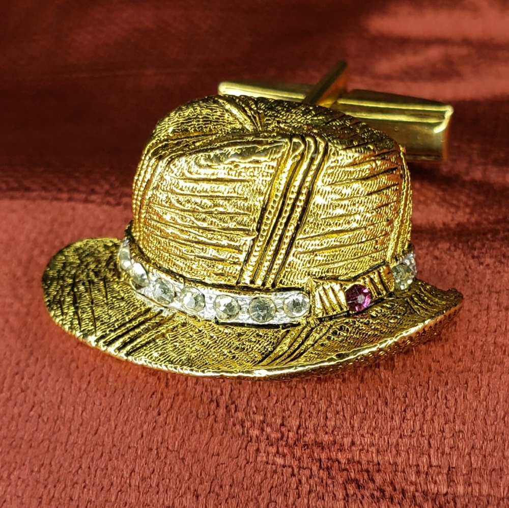Vintage My Fair Lady Tweed Hat Goldtone Cufflinks with 2 color Rhinestone Marked
